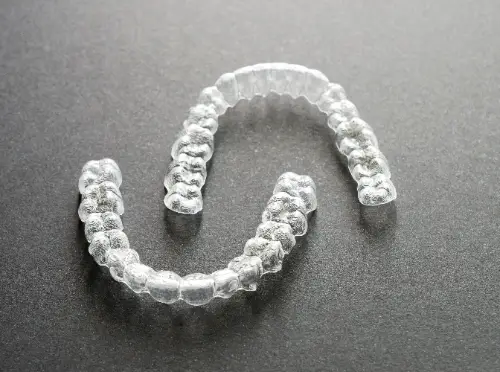 close up of clear orthodontic aligners